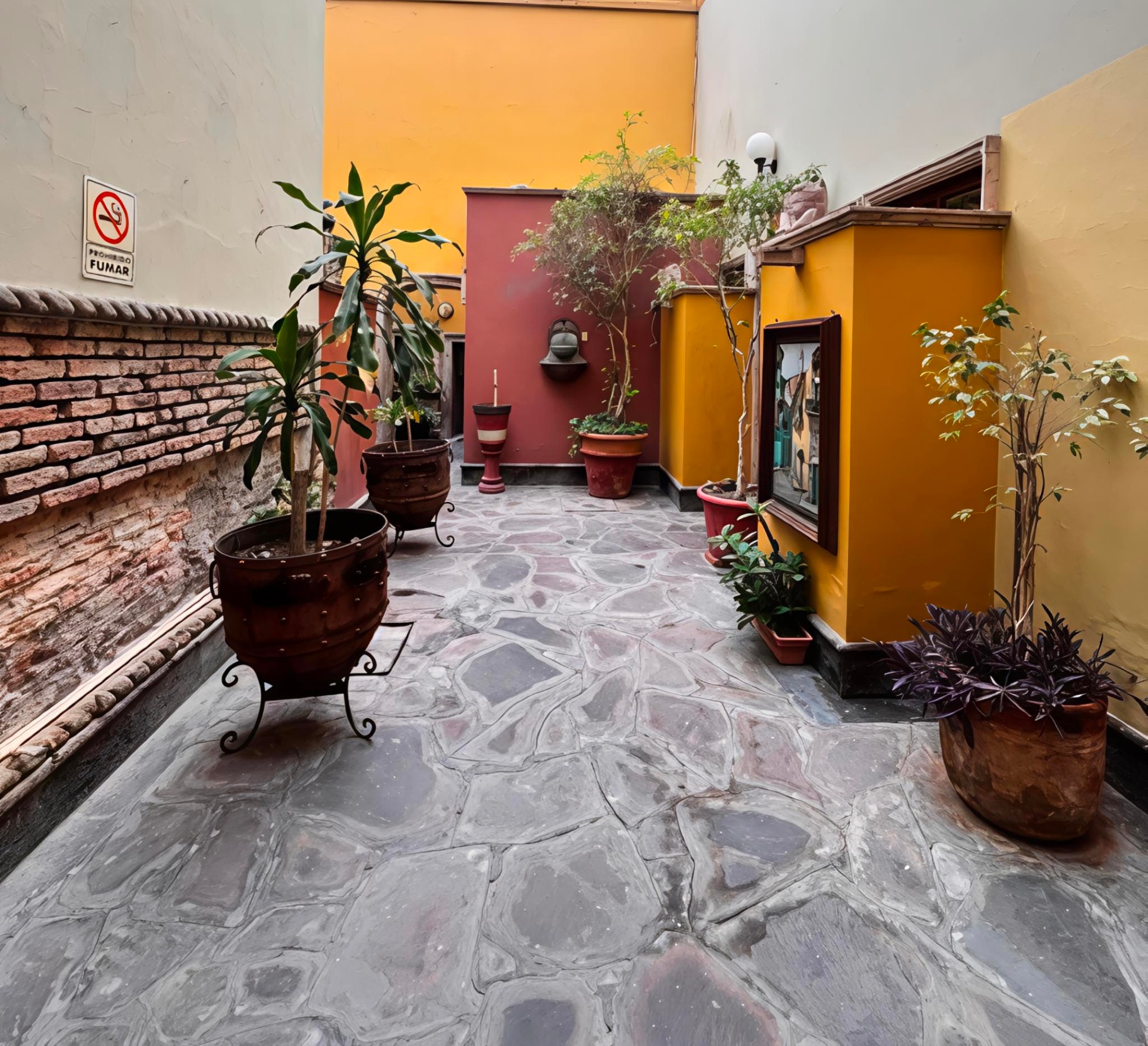 Patio lateral con muros terracota y macetas